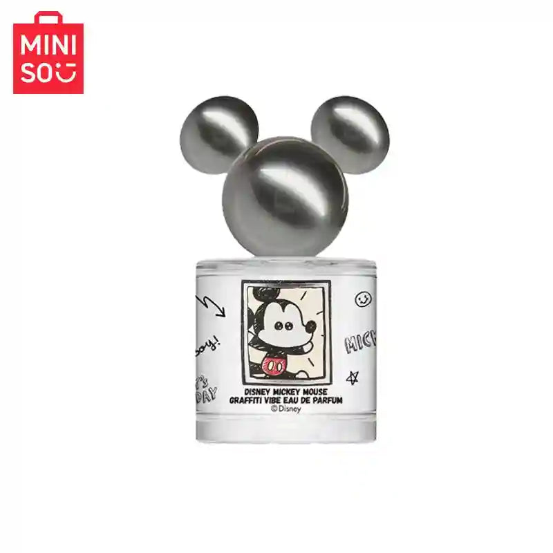 MINISO Disney Mickey Mouse Graffiti Vibe EDP: Floral luxury perfume for women in a silver Mickey-ear 50ml glass bottle.