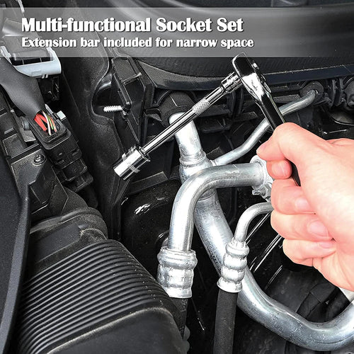 Ratchet socket wrench tool set working on engine hoses and metal pipe fittings