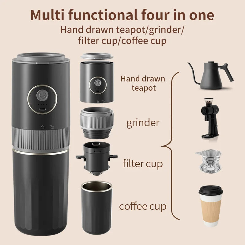 Matte black 4-in-1 portable coffee maker, grinder, filter cup, and teapot set for travel brewing.