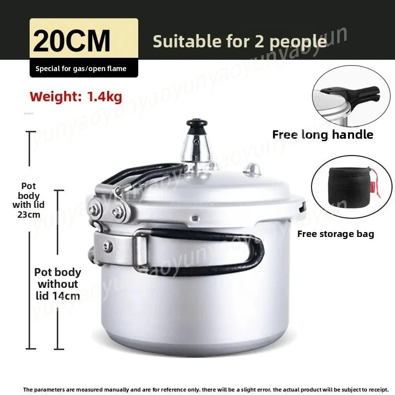 20cm portable pressure cooker with vented lid, side handle and safety valve, silver.