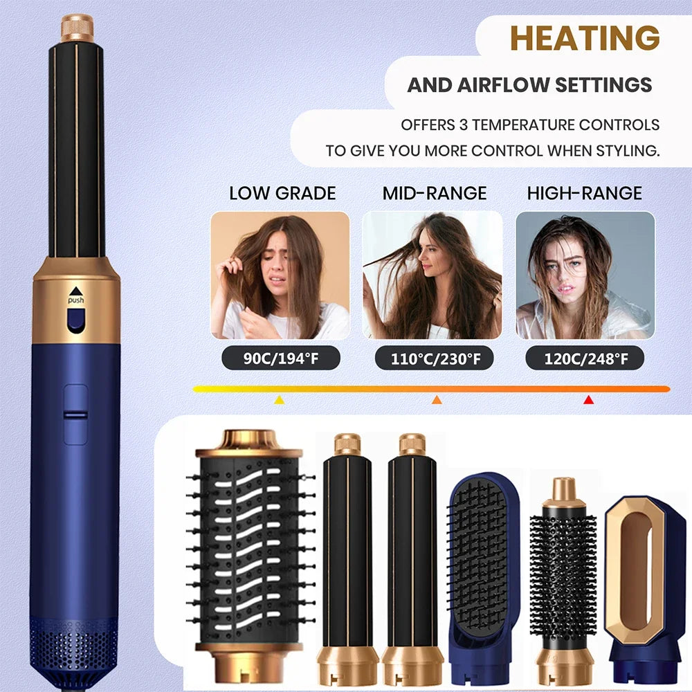 Blue and gold 6-in-1 hair dryer brush set with 3 heat settings, interchangeable styling attachments, and ionic tech.