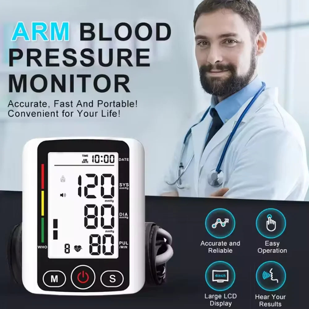 Upper Arm Blood Pressure Meter Automatic Tonometer BP Cuff Machine Medical Sphygmomanometer Home Tensiometer Digital BP Monitor
