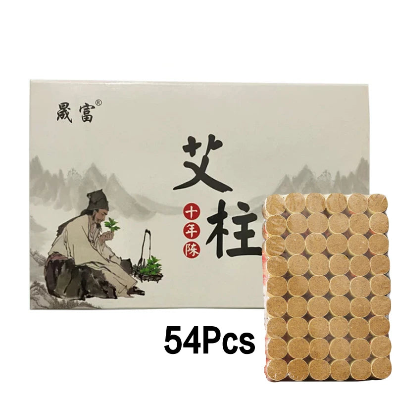 54-piece traditional moxibustion therapy set for hot compress, featuring cylindrical moxa sticks in a branded box.