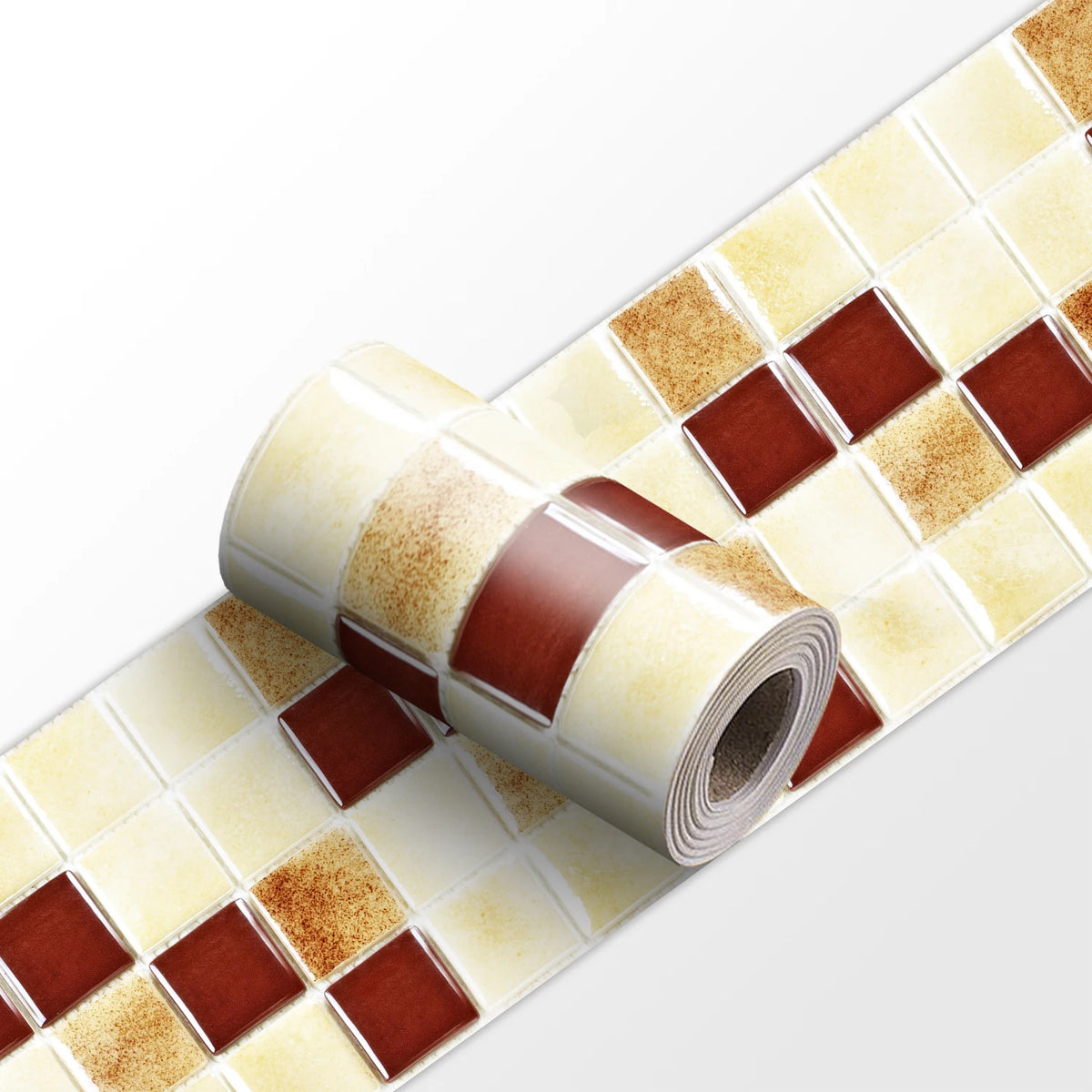 Mosaic tile wall sticker strip roll with cream and gold square tiles with brown accents