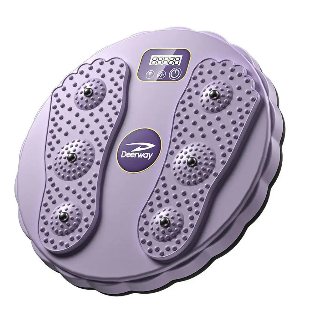 Purple round plastic waist twisting disc with textured foot pads, magnetic massage nodes, and a digital display screen.