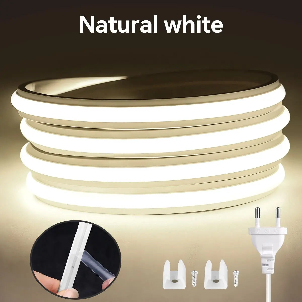 Natural white COB LED strip roll with EU plug and mounting clips, bright even glow
