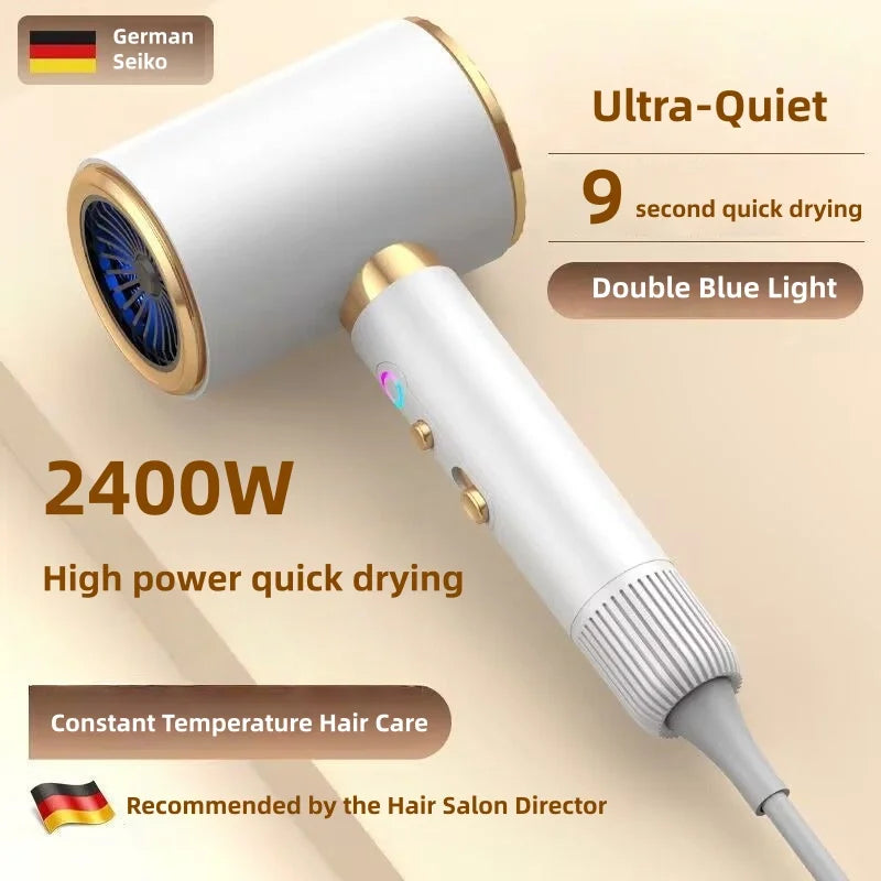 White and gold 2400W high-speed negative ion hair dryer for ultra-quiet, quick salon-quality drying at home.