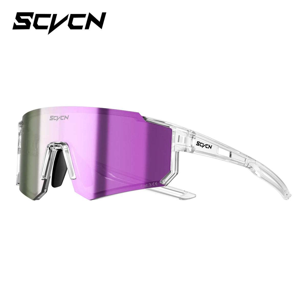 Sports sunglasses with clear frame and purple mirrored lenses, vented shield
