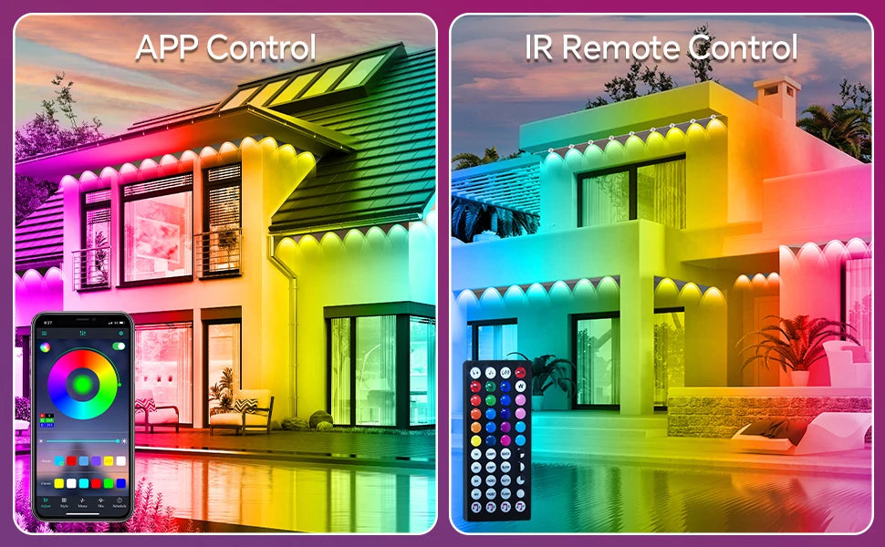 60M & 200FT Permanent Outdoor LED Eaves Lights RGB Waterproof Smart String Lights App Remote Control Color Changing Lamp for House Roof Garden Christmas Holiday Party Daily Accent Lighting