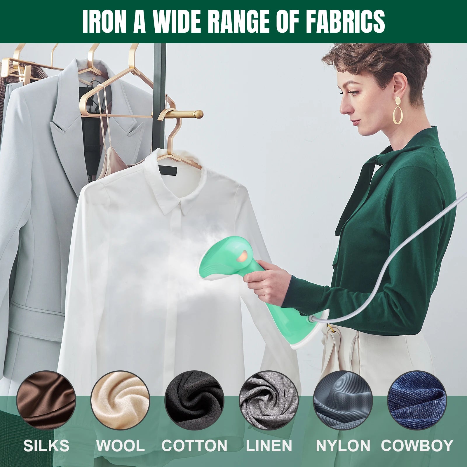 Tidesmit DayPlus 4800W handheld garment steamer features a 300ML tank for curtains and clothes, side view detail.