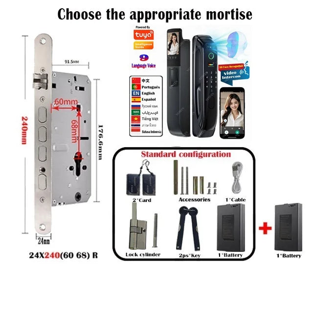 6068,5572,6072,6085 Mortise Lock Tuya Wifi App Camera Smart Digital Lock With Fingerprint Face Key Card Rfid