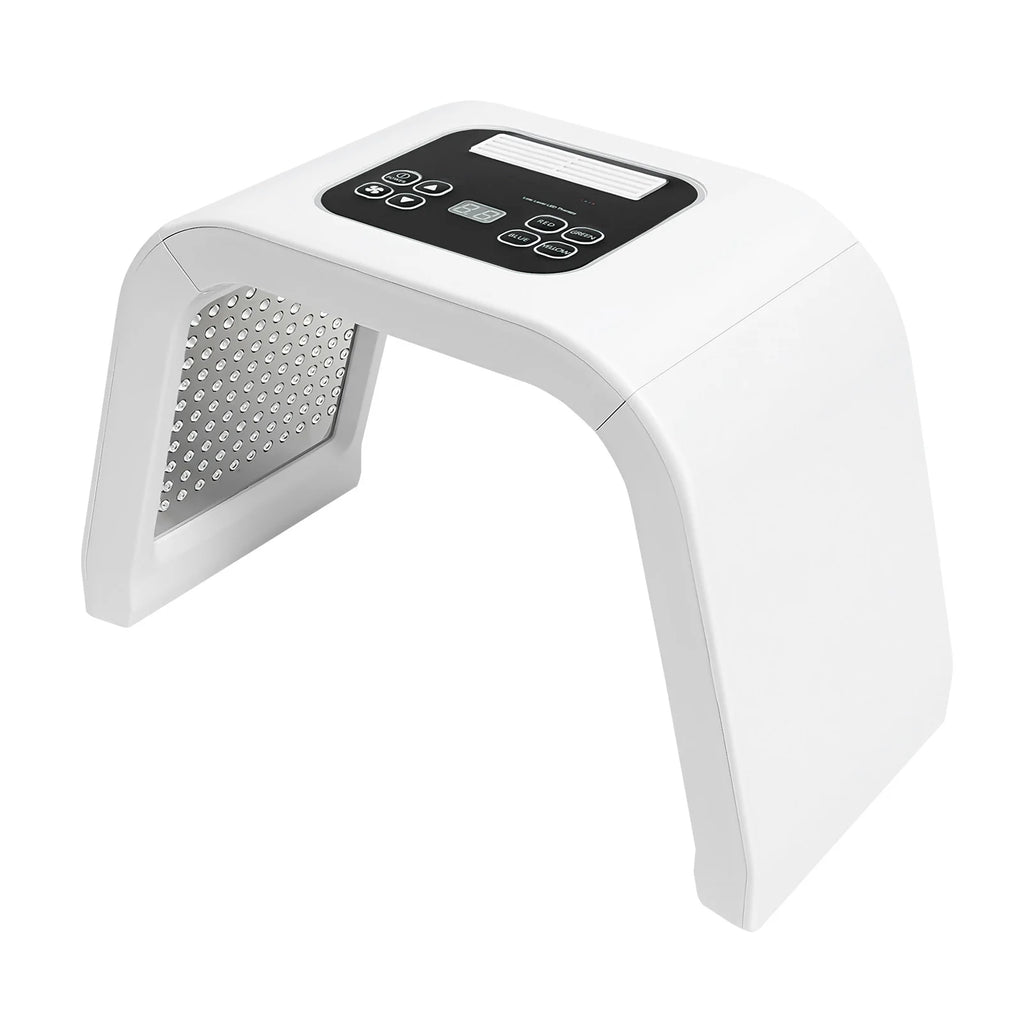 White arch-shaped LED light therapy device with a digital control panel, featuring internal LED panels for skincare.