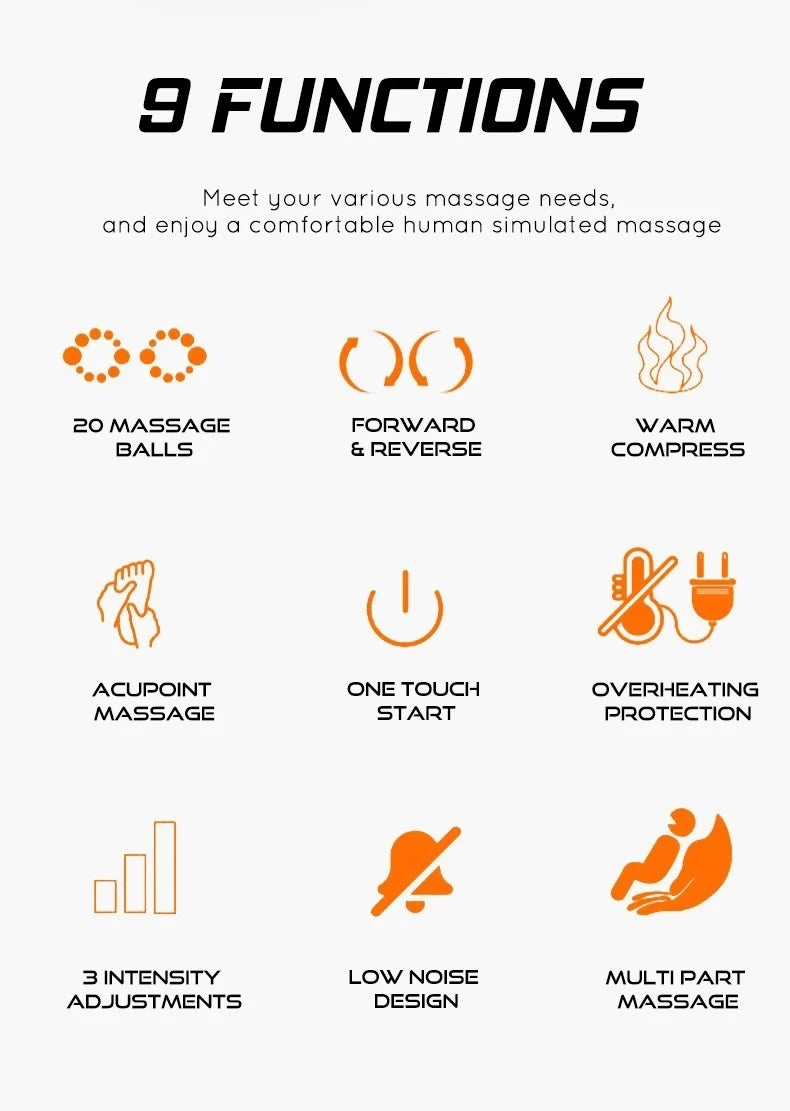 Infographic showing nine features of a massage device, including heat, intensity settings, and multiple massage modes.