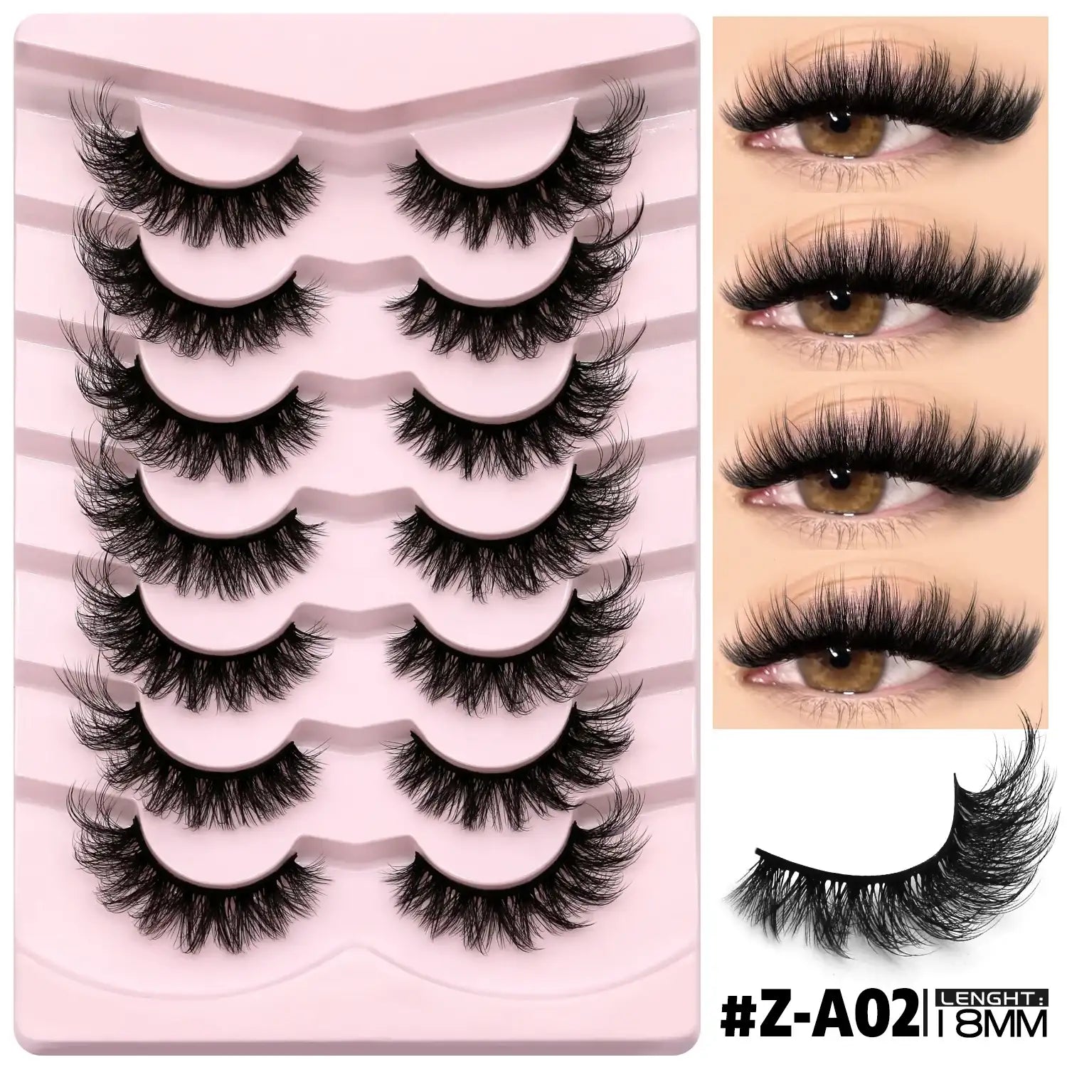 Pack of 5 pairs of fluffy, wispy black cat-eye 3D mink lashes on a pink tray, shown applied to an eye.