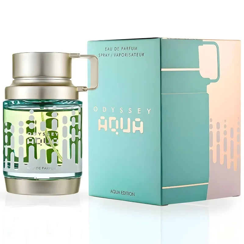 Armaf Odyssey Aqua unisex Eau de Parfum. Cylinder bottle with metallic handle. Woody, fresh scent for daily wear.