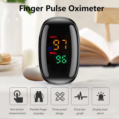 Black digital fingertip pulse oximeter with a bright LED display showing oxygen saturation and pulse rate.