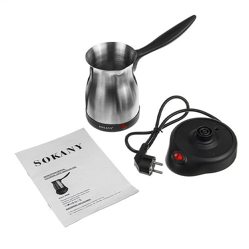 Sokany electric stainless steel Turkish coffee maker with black base, power cord, and instruction manual.