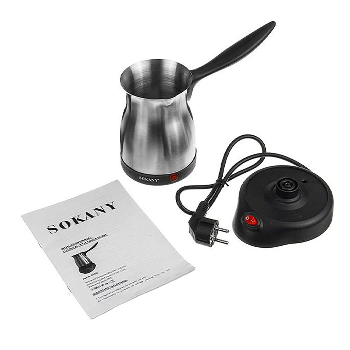Sokany electric stainless steel Turkish coffee maker with black base, power cord, and instruction manual.