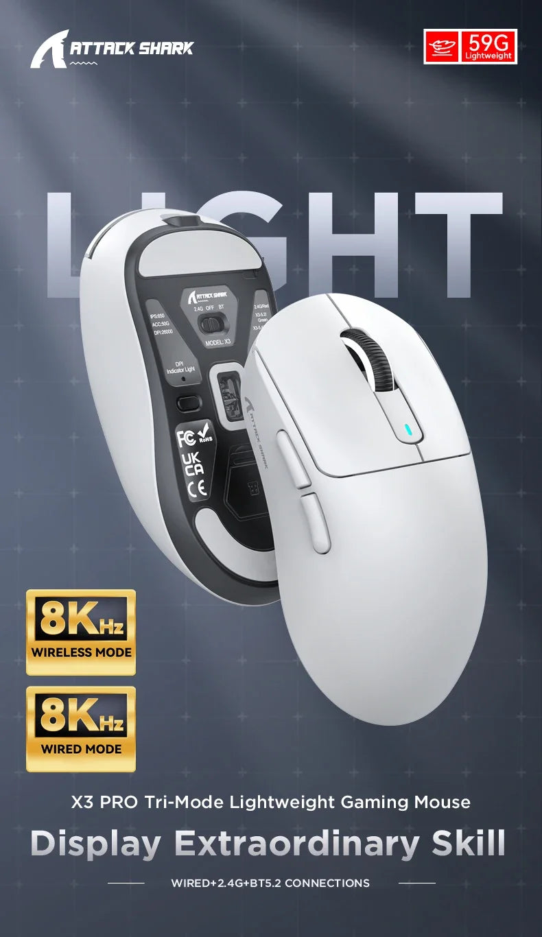 Attack Shark X3 X3Pro Wireless Tri-Mode Gaming Mouse 26K DPI PAW3395 Computer Gaming Peripherals CSGO Valorant Office Gift