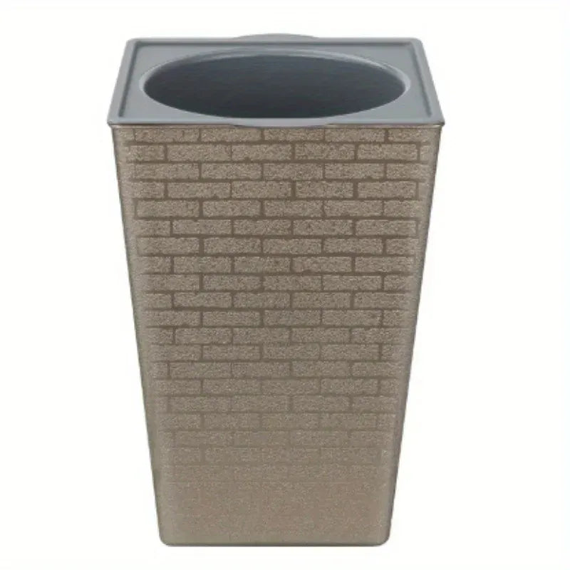 Brick-pattern plastic flowerpot with dark gray rim, square tapering shape, large