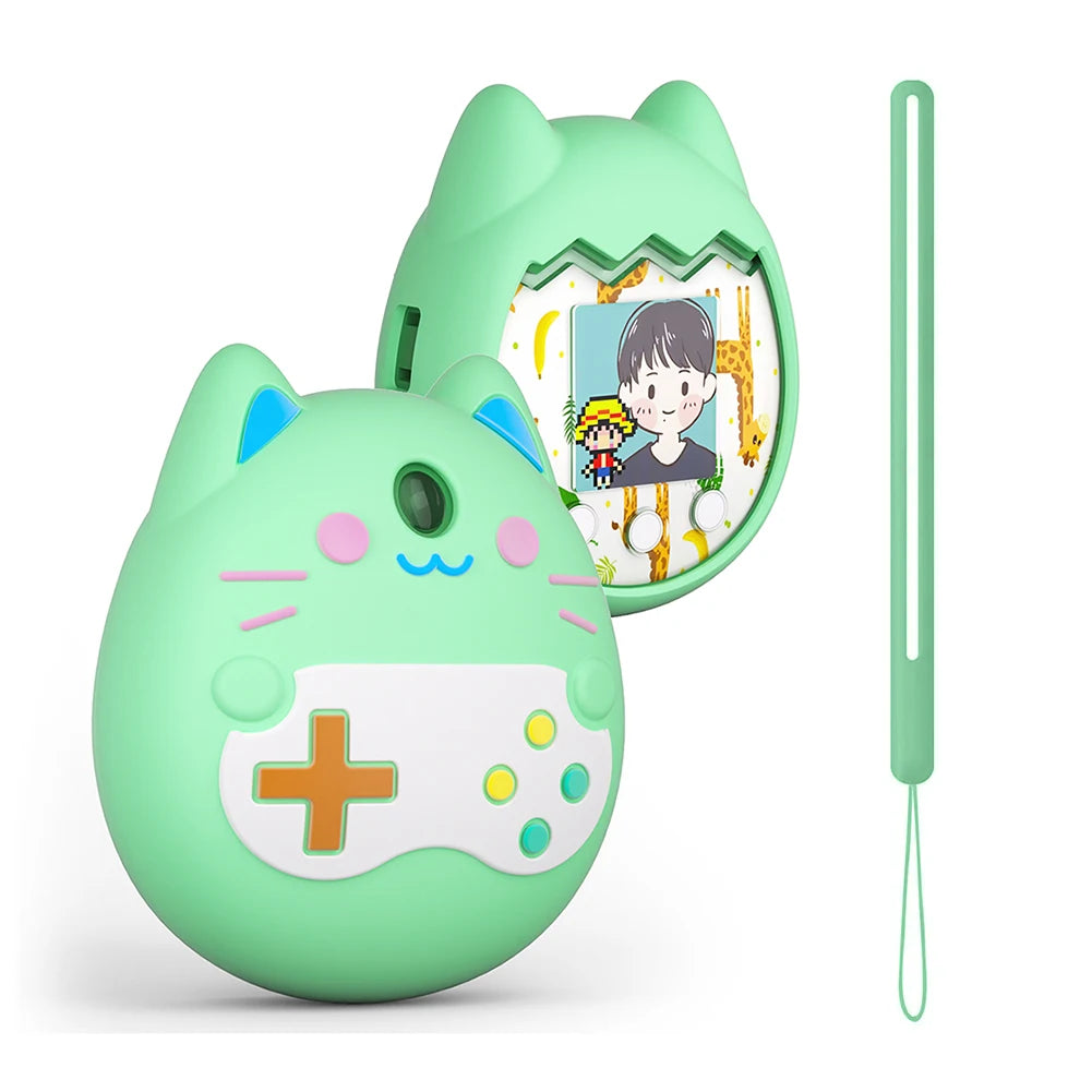 Soft mint green silicone cat case for Tamagotchi Pix with hand strap for shockproof virtual pet protection.