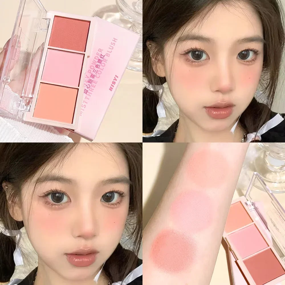 Tidesmit 3-Color Cheek Red Plate showing natural matte milk tea and orange blush shade swatches for nude makeup