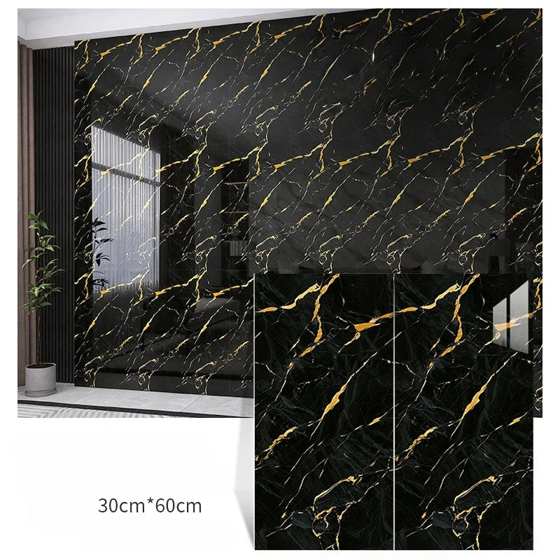 Self-adhesive marble-pattern wall sticker set, black stone with thin gold veins, 3-panel