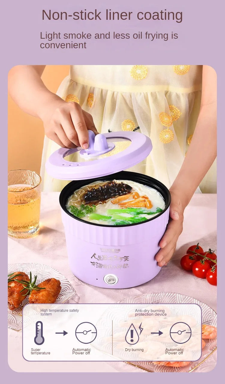 Purple mini electric hot pot with non-stick liner coating, steaming noodle soup