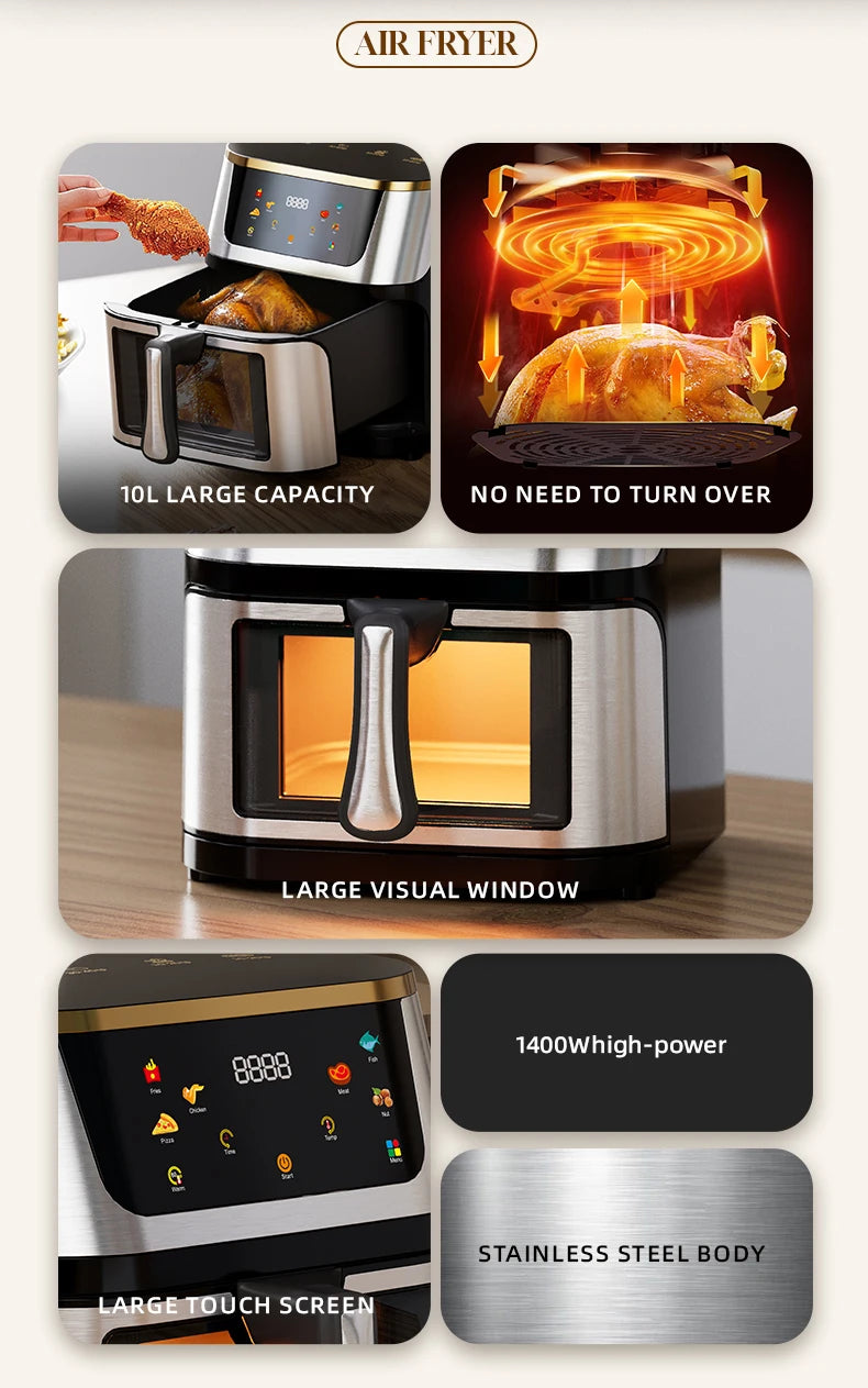Best Selling Air Fryer 10L with Easy-View Window, Touch Controls, Nonstick, Low Fat Healthy Oil Free Frying