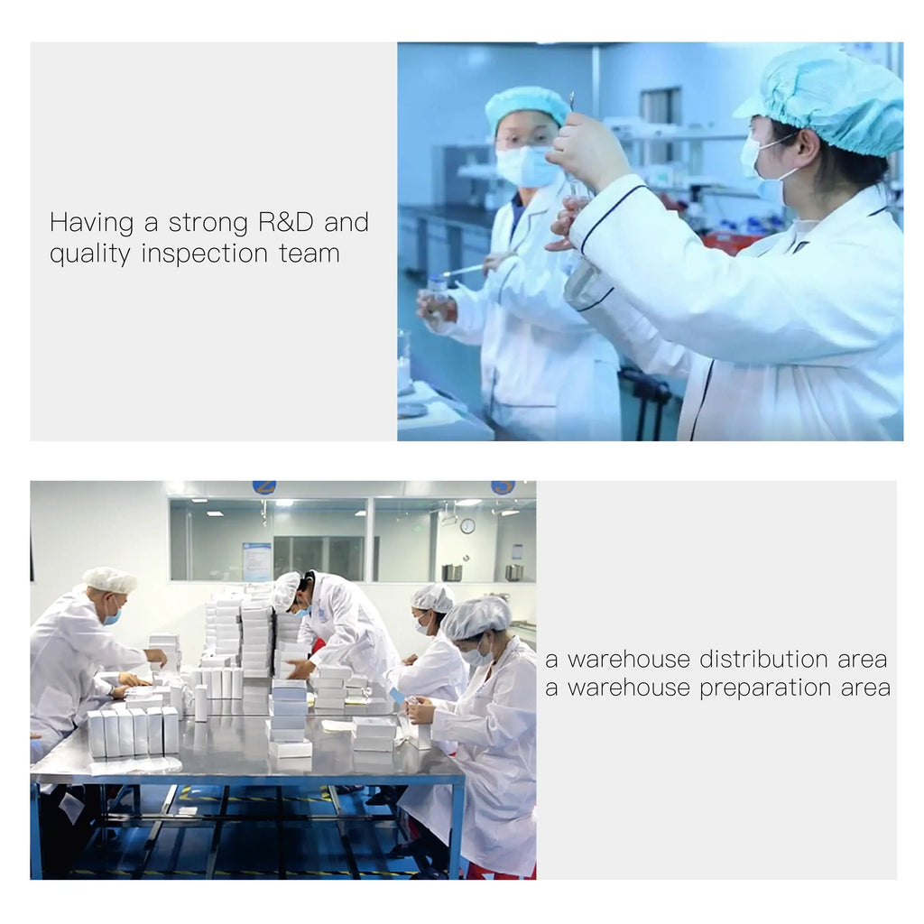 Laboratory team in white coats and masks, and warehouse staff packing white rectangular boxes at a metal table.