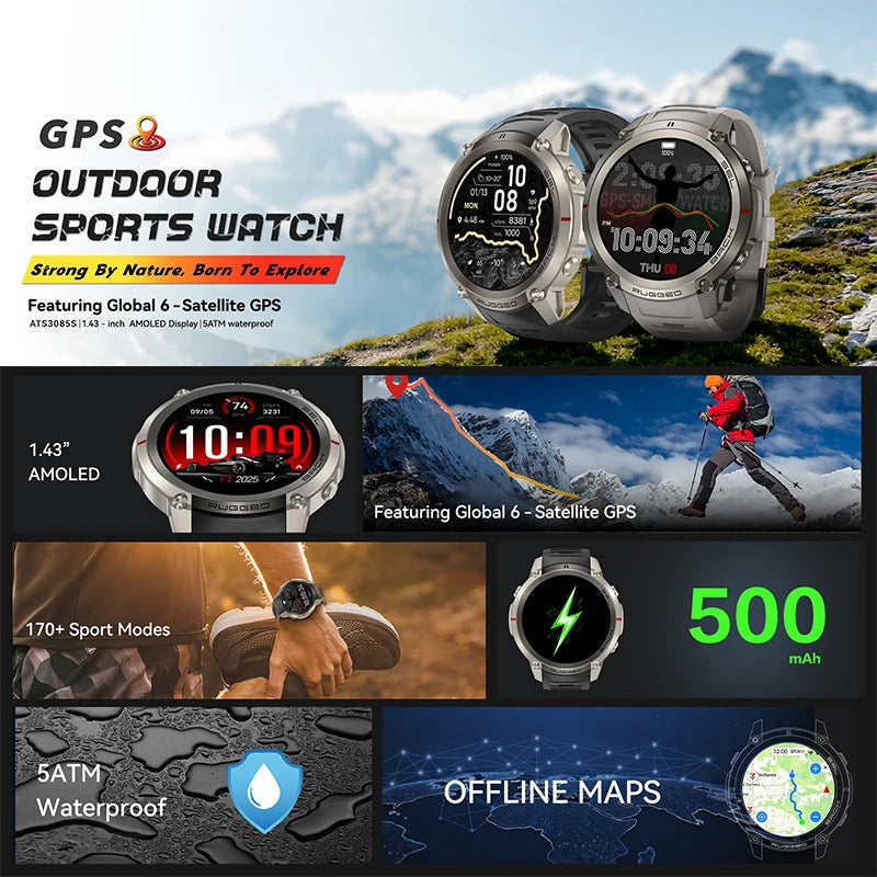 2026 New Outdoor GPS Smart Watch Map Compass Navigation 5ATM Waterproof Bluetooth Call 100+Sport Mode Men AMOLED HD Smart Watch
