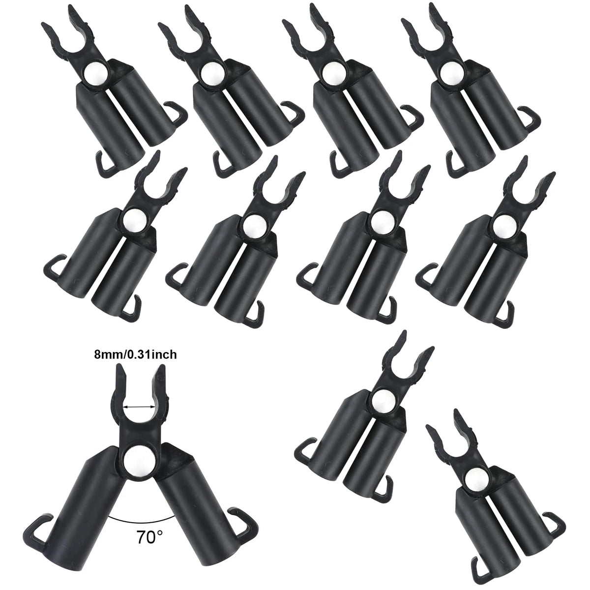 Black plastic plant support clips, 10-pack, adjustable angle 70° for 8mm diameter