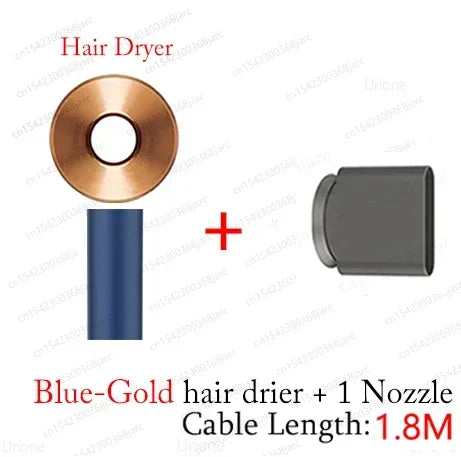 Blue and gold leafless hair dryer with styling nozzle attachment for professional quick-dry hair care at home.