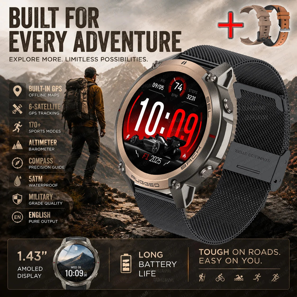 Black sports GPS smartwatch with red digital display and woven mesh band