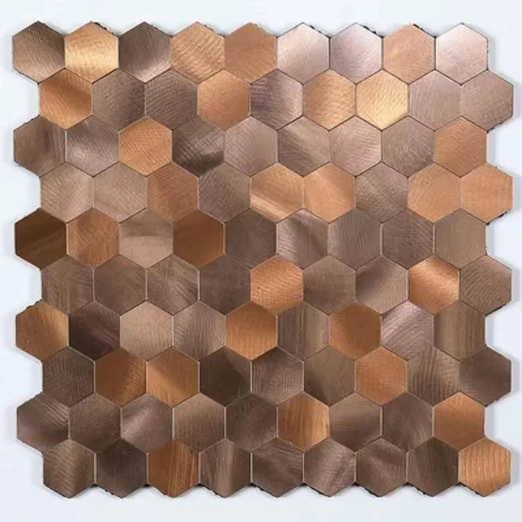 Aluminum hexagon wall tiles in bronze, tan, and rose-gold metallic shades