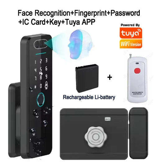 Outdoor Gate Waterproof Smart Tuya Wifi Lock 3D Face Recognition Digital Code Keyless App Remote Biometric Fingerprint Rim Lock