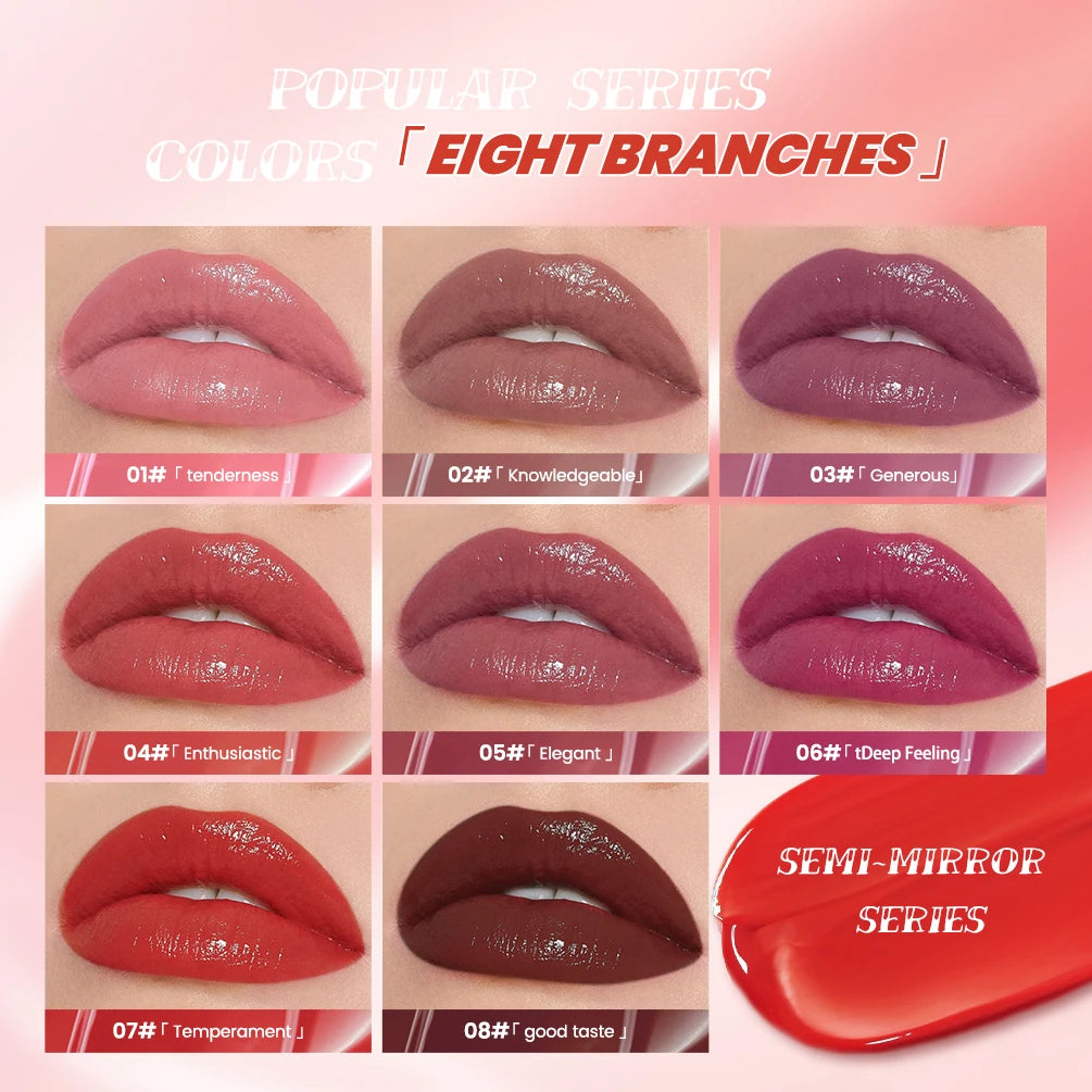 QIBEST Watery Lip Glaze set showing 8 glossy, moisturizing liquid lipstick shades with a high-shine mirror finish.