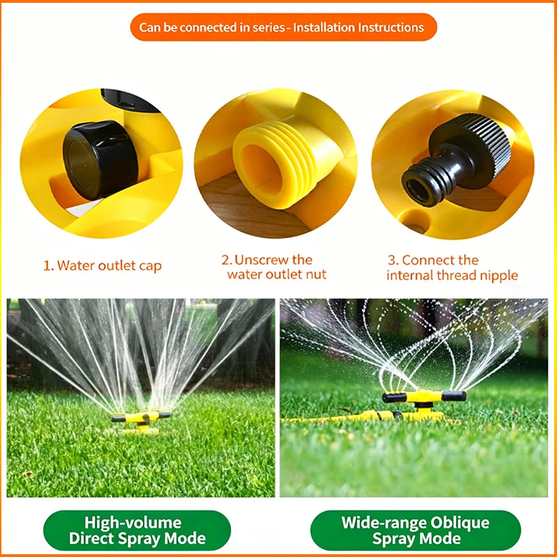 Yellow 360° hydraulic rotating lawn sprinkler with nozzle and threaded outlet connections