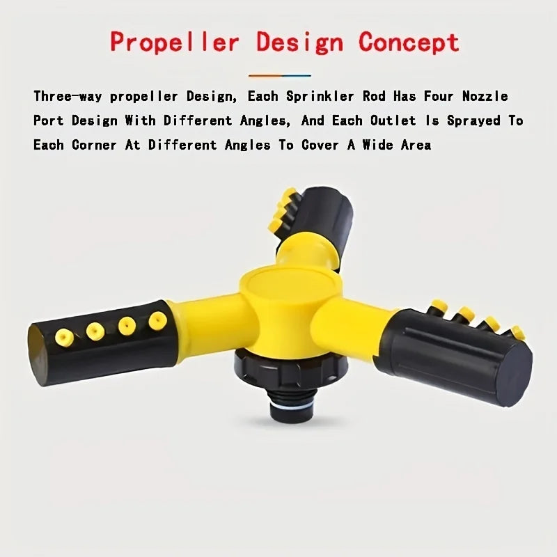 Yellow three-way rotating sprinkler nozzle with four outlet ports and central base