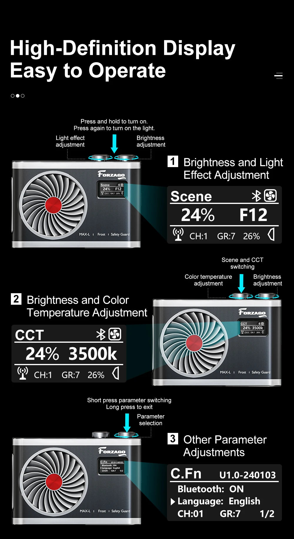Rectangular black LED studio light with a circular fan, side digital display screen, and top control dials.