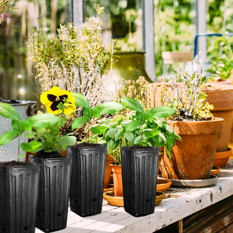 Set of black ribbed plastic deep seedling pots with drainage holes on patio planters