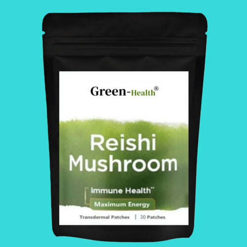 Green-Health Reishi mushroom adaptogen transdermal patch in a black resealable pouch.