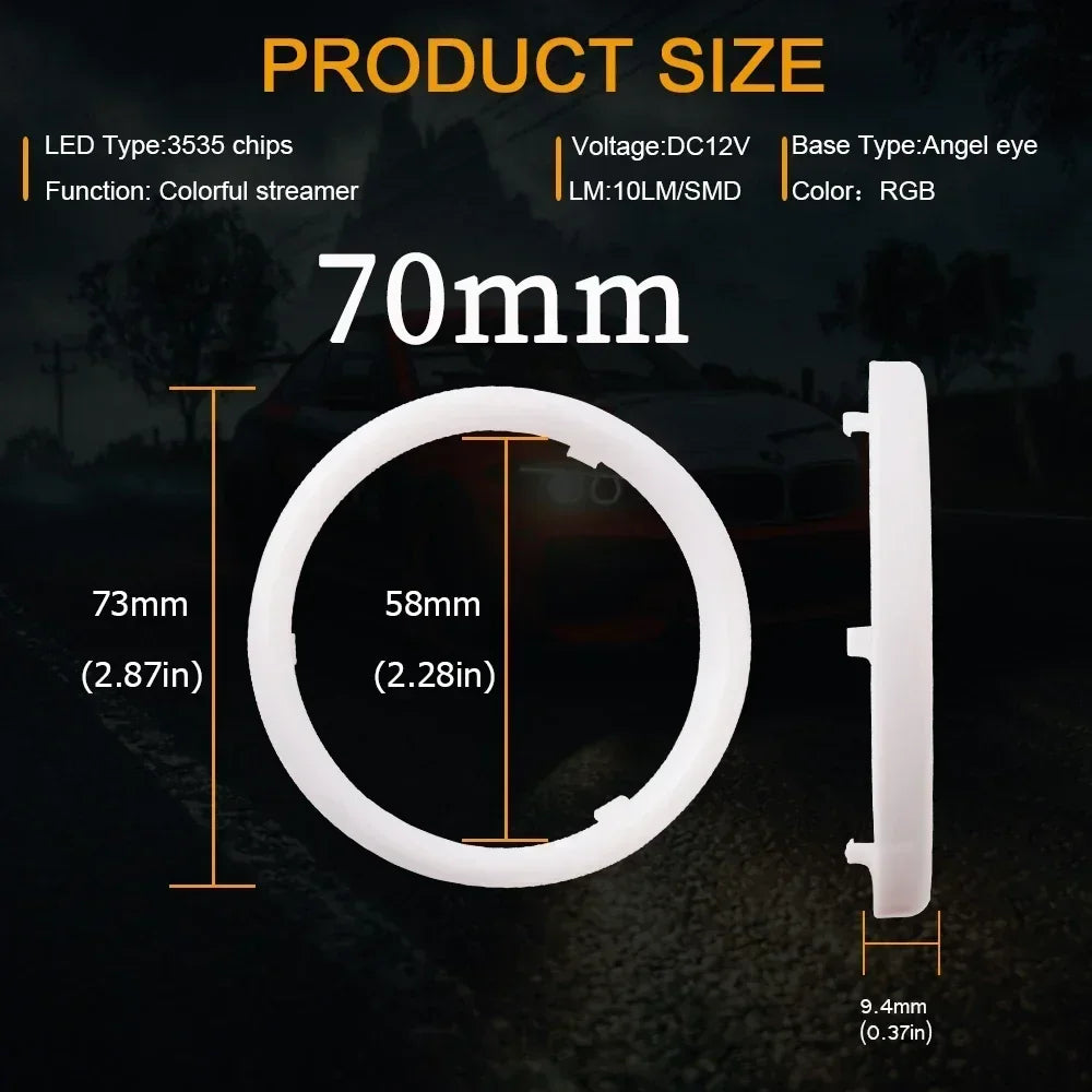 70mm circular RGB LED angel eye ring for car headlights, showing dimensions and side profile.