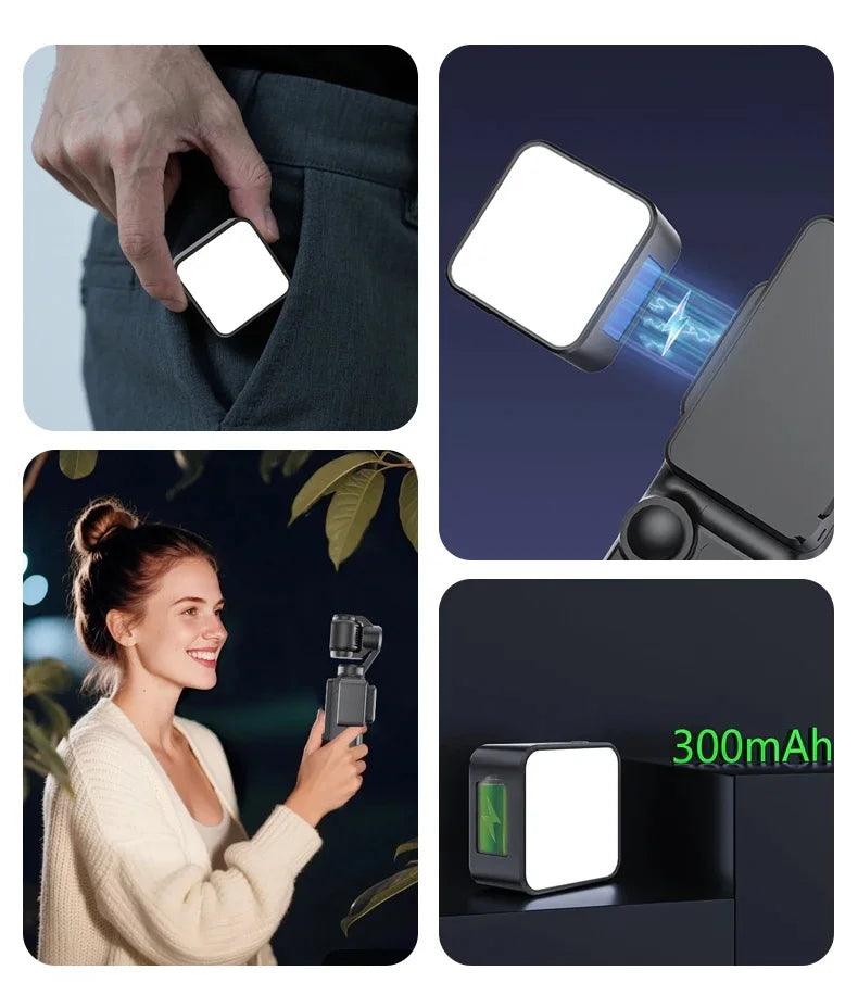 Compact square LED magnetic fill light for smartphones and action cameras, featuring a 300mAh rechargeable battery.