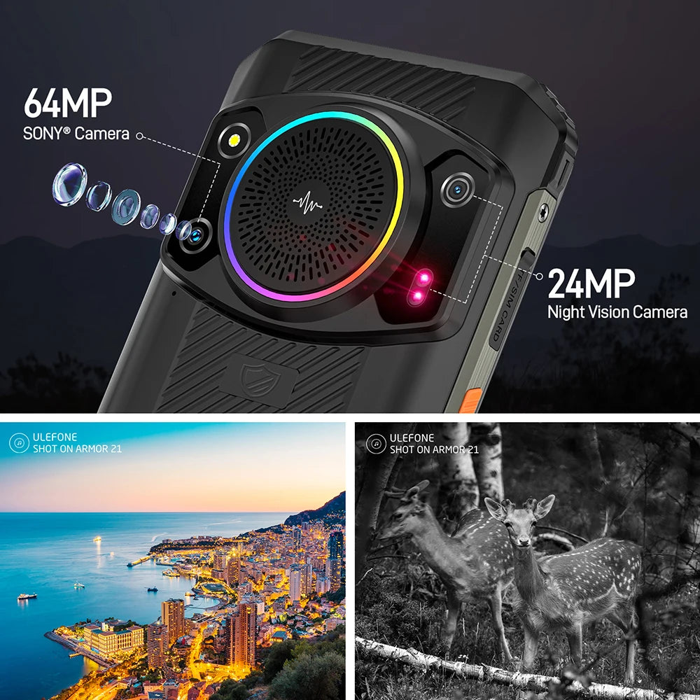 Ulefone Armor 21 16GB RAM 256GB ROM ，Android15  Helio G99 6nm, 64MP Camera,24MP Night Vision Camera ,9600mAh.6.58"120Hz.NFC