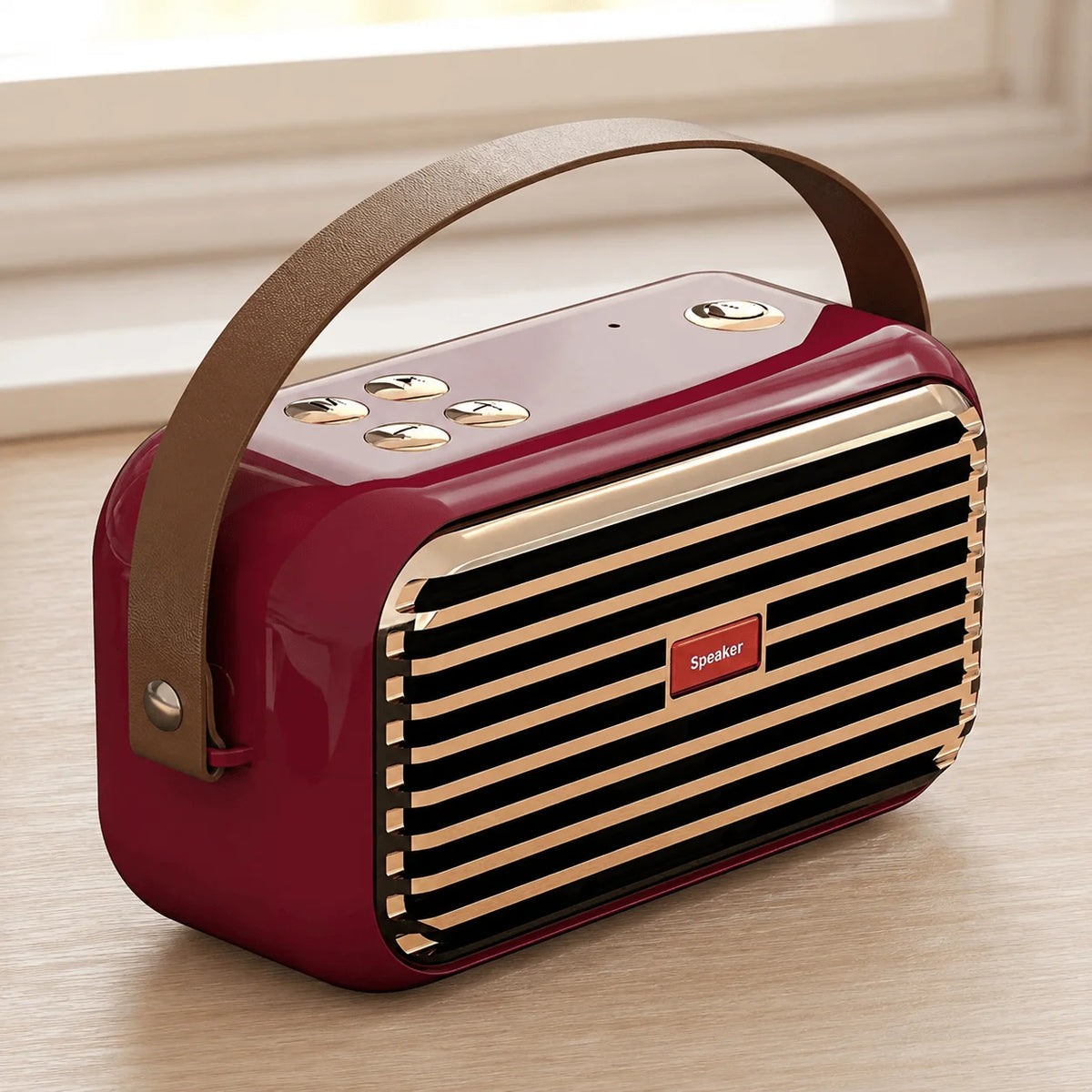 Red portable Bluetooth speaker with carry handle and front speaker grille.
