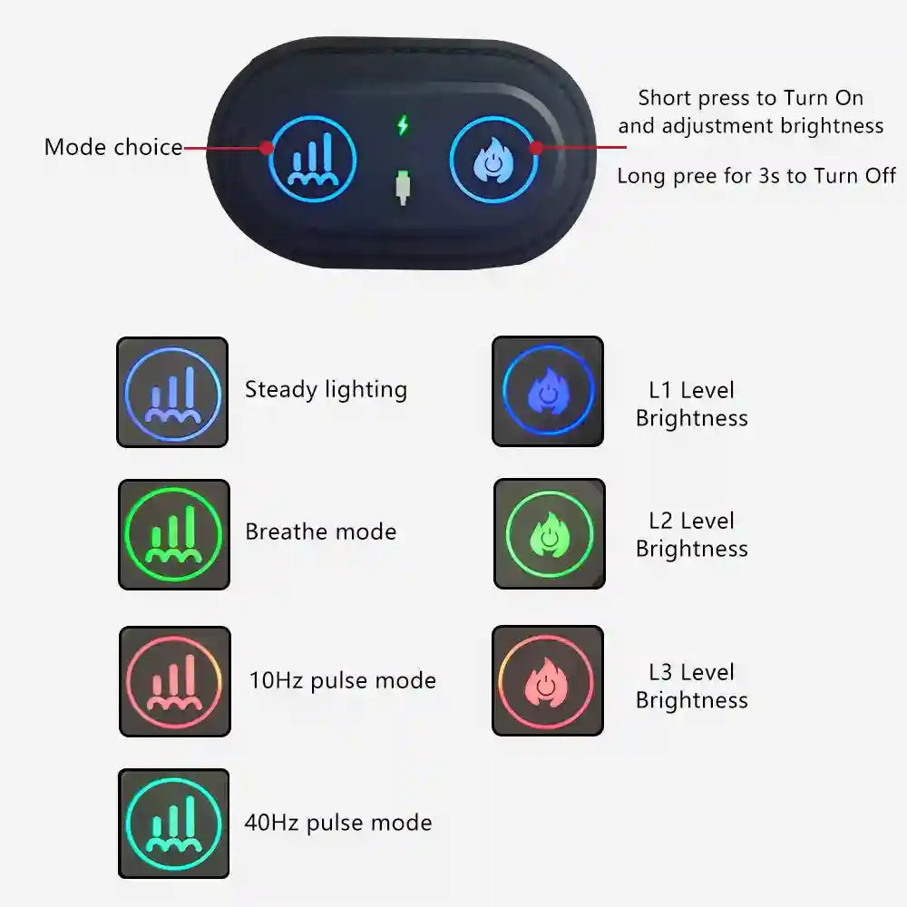 Black oval controller with two touch buttons displaying light mode and brightness settings for wearable devices.