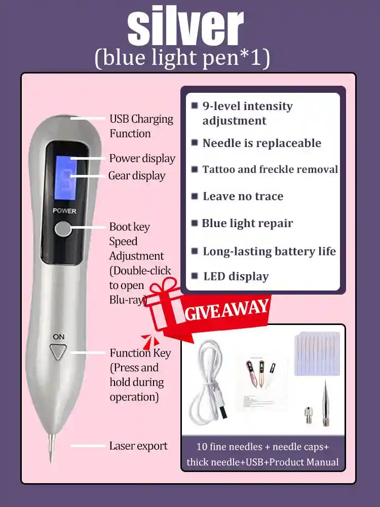 Silver blue light pen for tattoo and freckle removal with 9-level intensity, LED display, and USB charging kit.