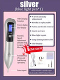 Silver blue light pen for tattoo and freckle removal with 9-level intensity, LED display, and USB charging kit.