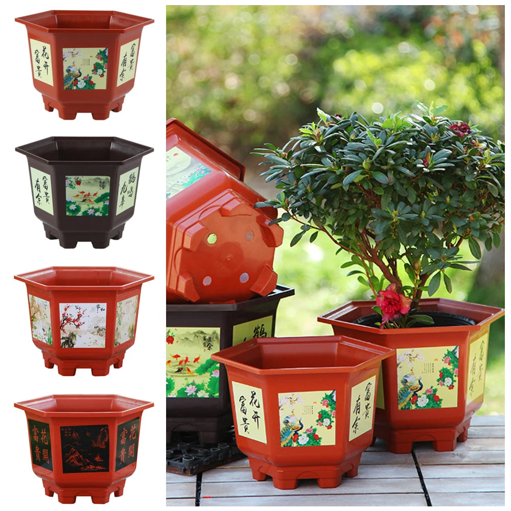 Assorted red and dark gray resin flower pots, each with illustrated side panels and feet.